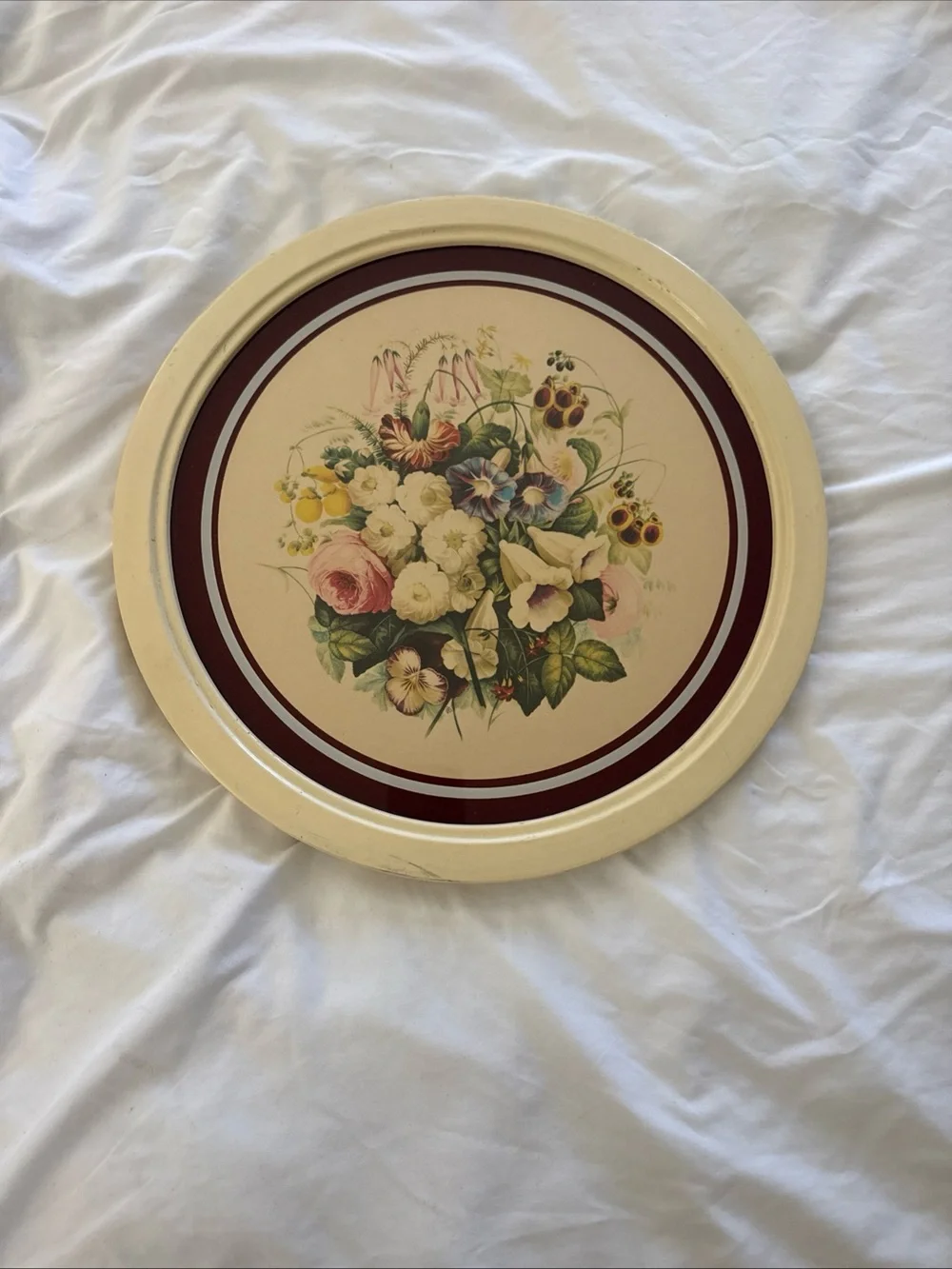 Floral IBF Co Round Wall Plaque in Cream and Burgundy